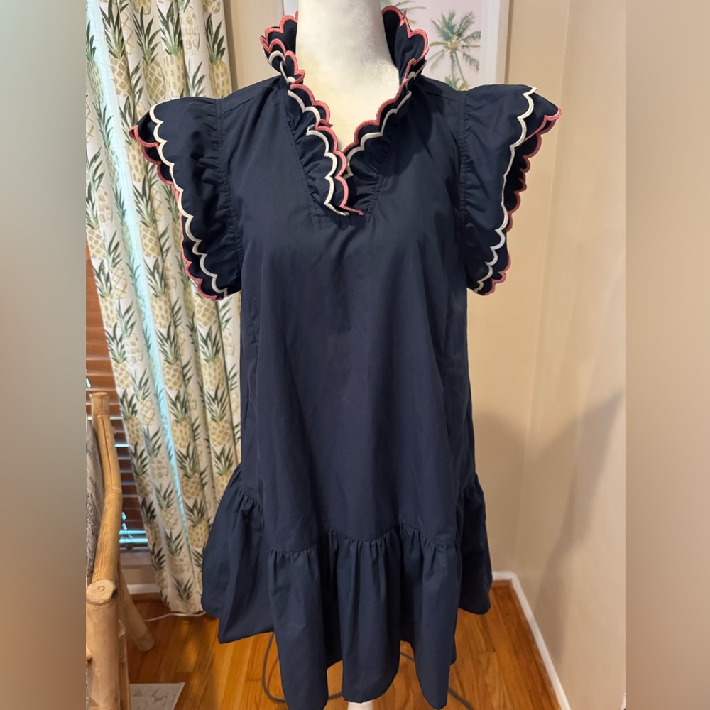 UMGEE Navy Blue Dress Ruffled Scalloped Sleeve Vneck Preppy Pockets NWT - Picture 5 of 5